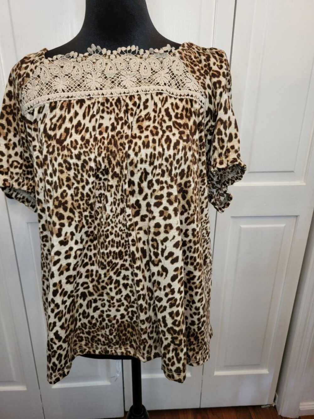 Cato Cheetah Print Slub Knit Peasant Top Crochet L Boho Y2K School Retro 2000s